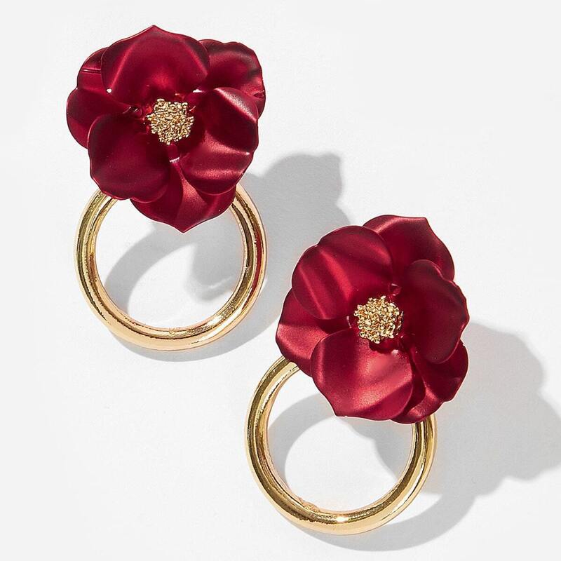 

Flower Decor Hoop Drop Earrings 1pair, Red