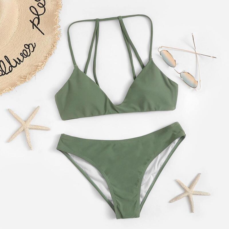

Strappy Back Top With Stitch Trim Bikini Set, Army green