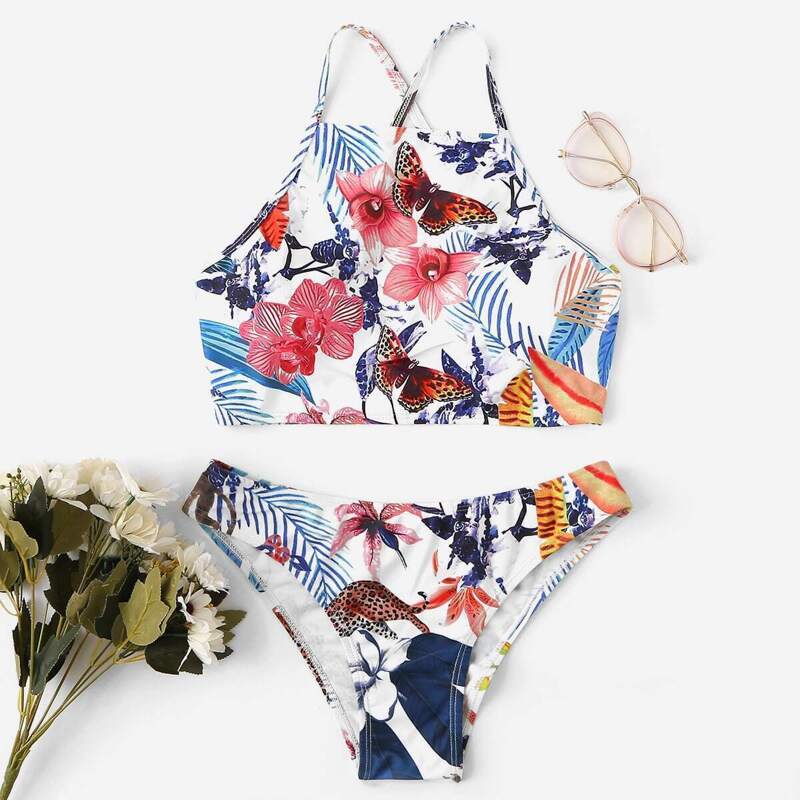 

Criss Cross Top With Tropical Pattern Bikini Set, Multicolor