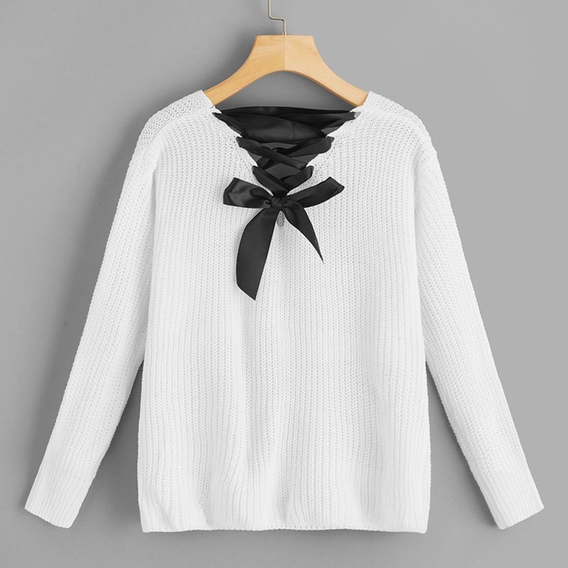 

V Neckline Lace Up Back Texture Knit Sweater, White