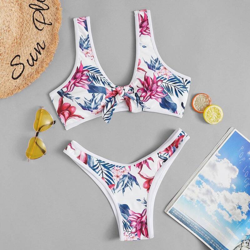 

Random Floral Tie Front With High Leg Bikini, Multicolor