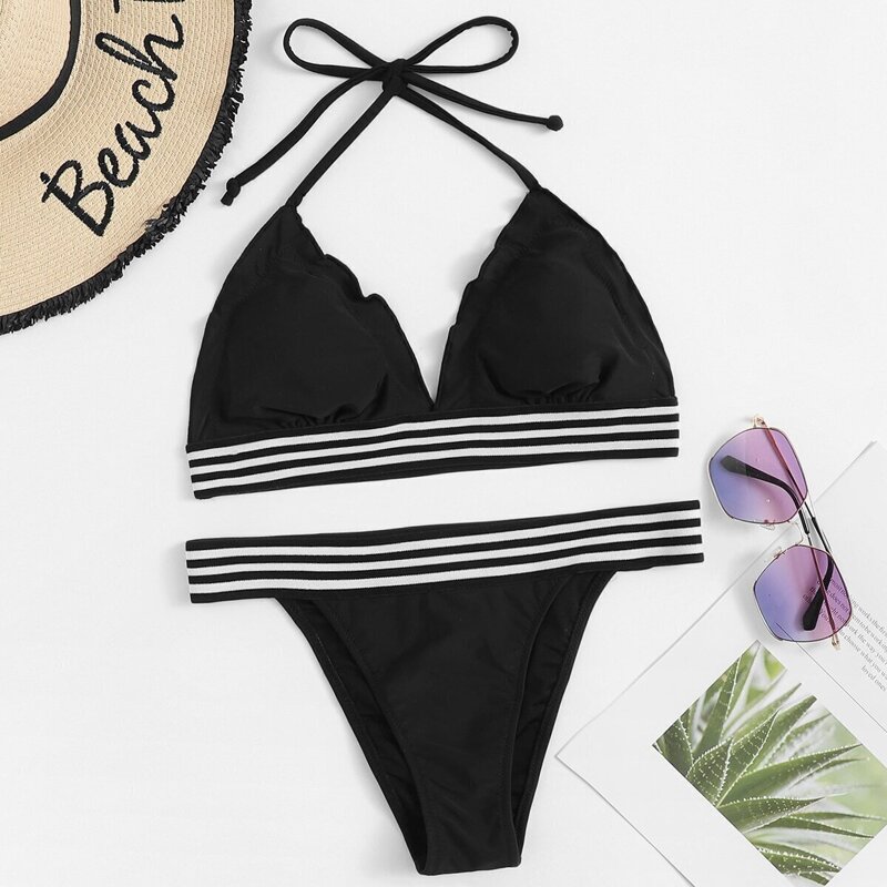 

Frill Detail Halter Top With Striped Hem Bikini, Black and white