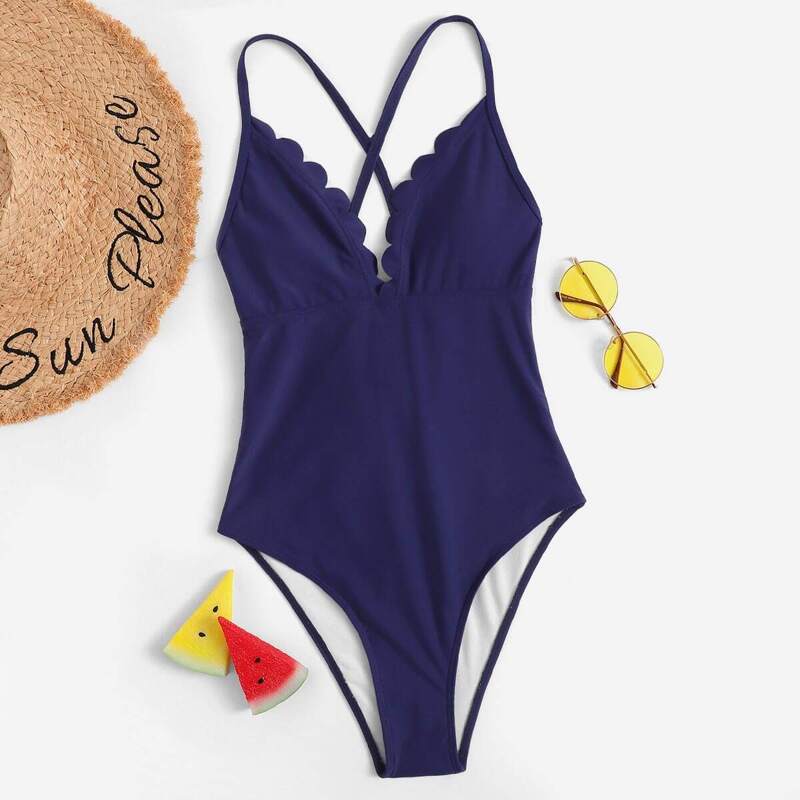 

Cross Back Scalloped Trim One Piece Swimsuit, Navy
