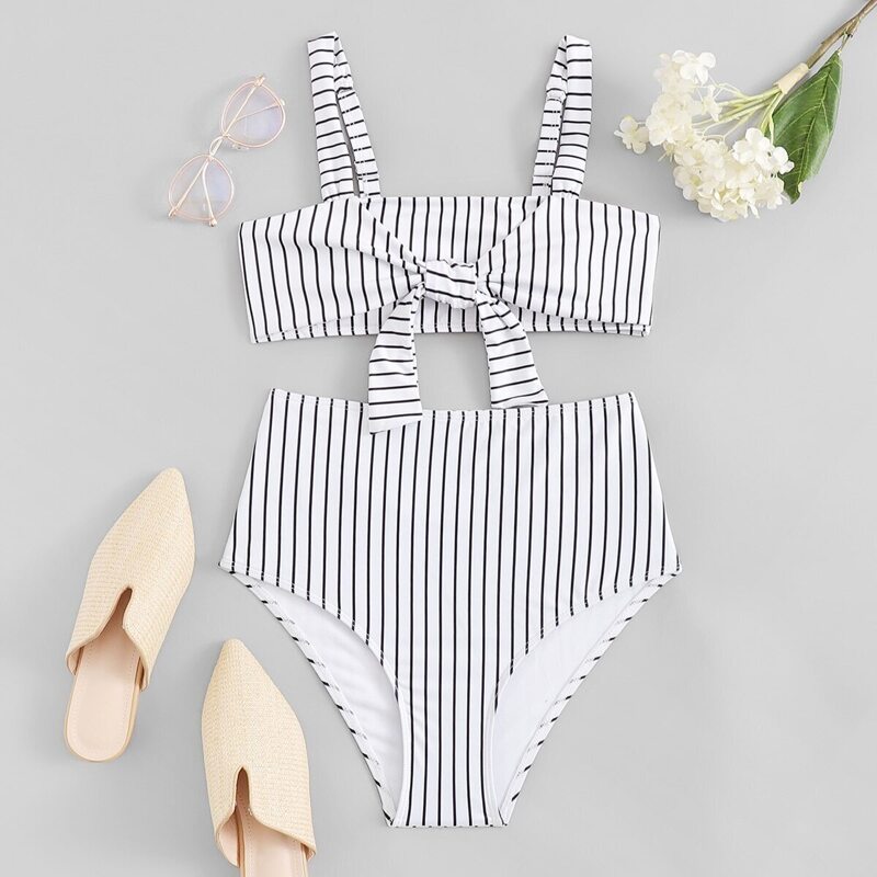 

Random Striped Knot Front Bikini Set, Black and white
