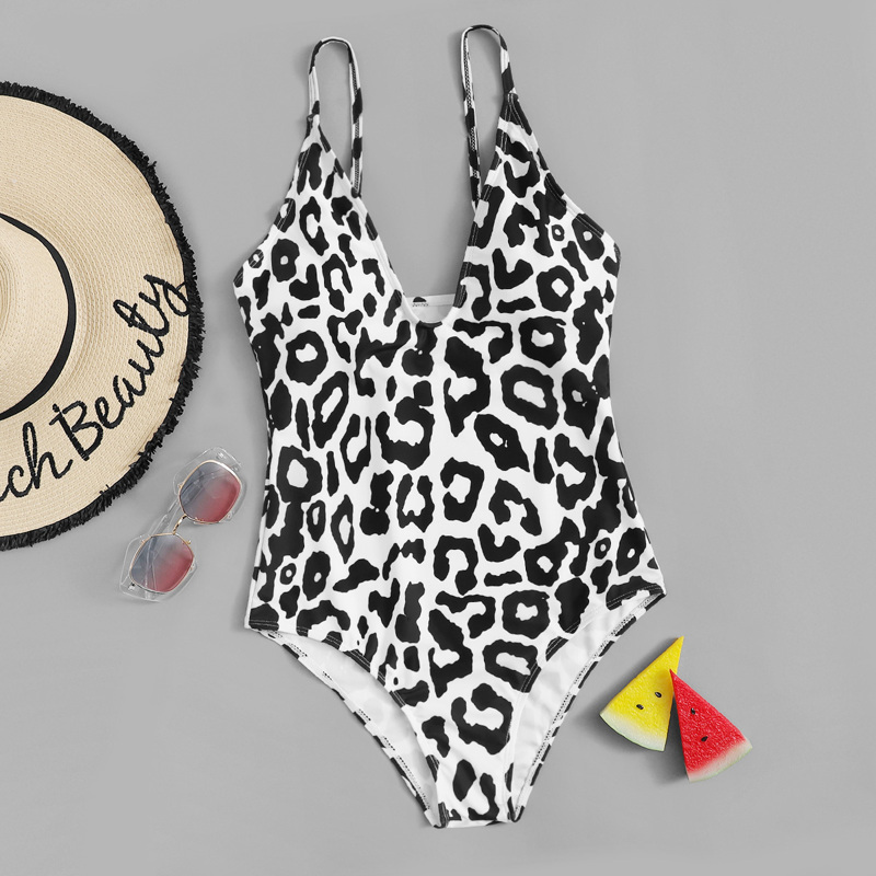 

Leopard Print Deep Plunge One Piece Swimsuit, Black and white