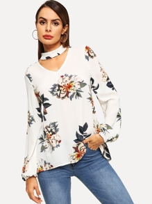 Dual V Cut Choker Neck Lantern Sleeve Floral Top