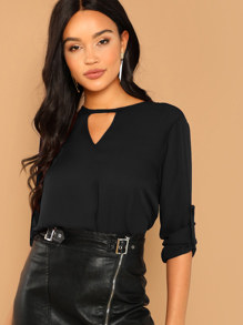 V Cut Neck Roll Tab Sleeve Top