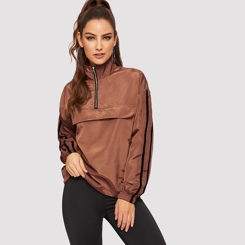 

Striped Sleeve Half Placket Windbreaker Jacket, Rust brown