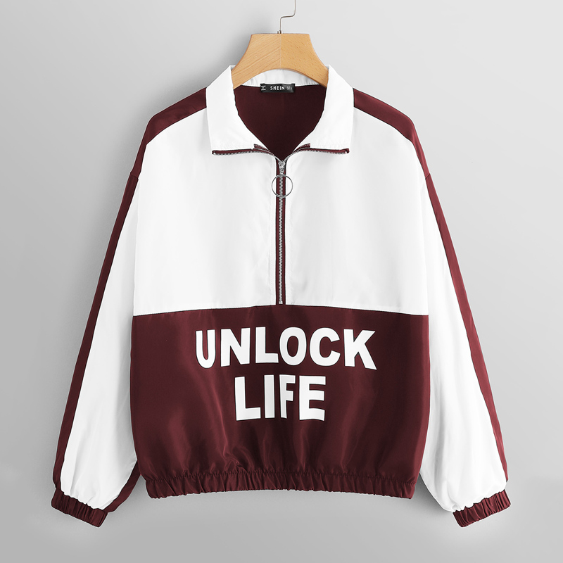 

Two-tone Letter Print Zip Half Placket Jacket, Multicolor