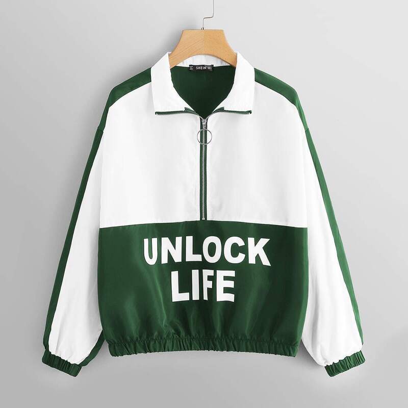

Two-tone Letter Print Zip Half Placket Jacket, Multicolor