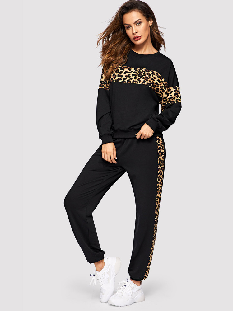 SHEIN LUNE Leopard Panel Pullover and Joggers Set - Black - View 1