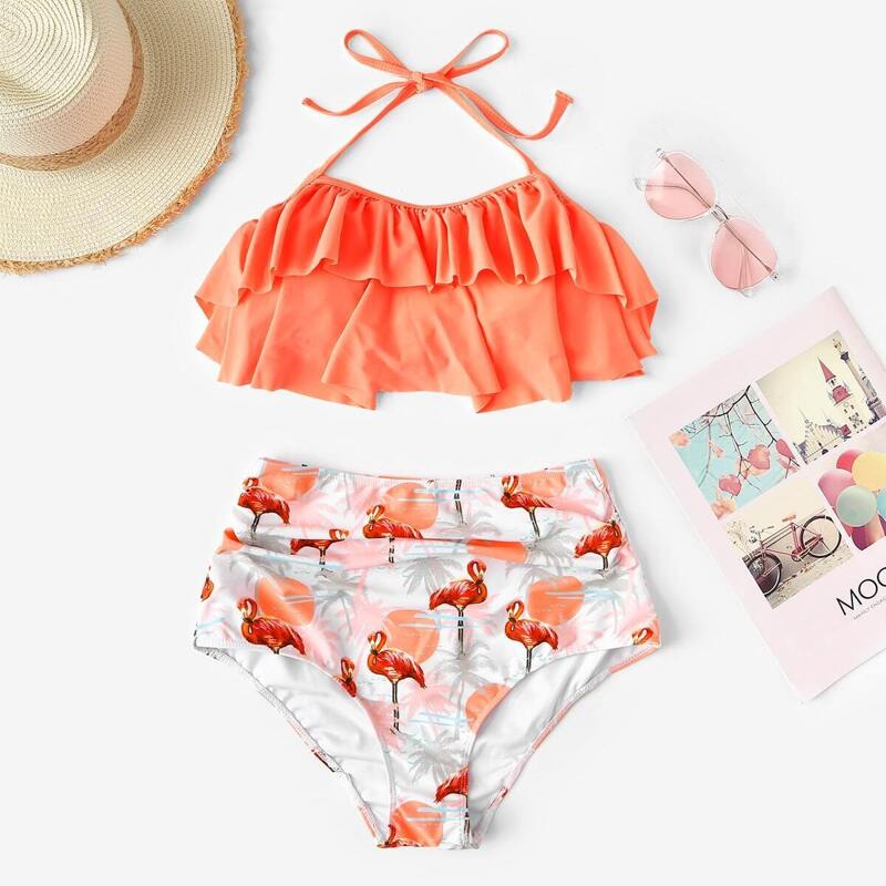 

Ruffle Top With Random Tropical Ruched High Waist Bikini, Multicolor