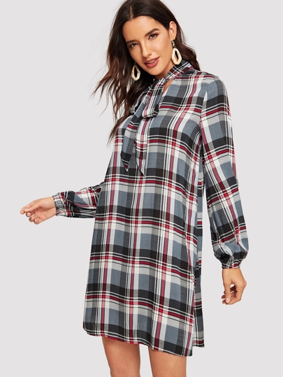 Tied Neck Plaid Dress pictures