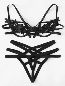 Harness Detail Appliques Lingerie Set - Black - View 2