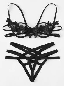 Harness Detail Appliques Lingerie Set - Black - View 5