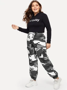 SHEIN Plus Pocket Side Camo Tapered Trousers - Multicolor - View 3