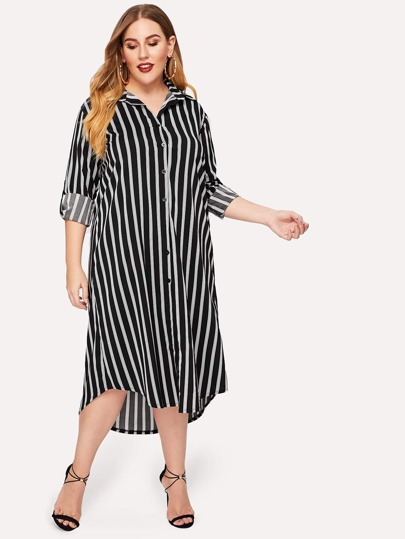 Plus Striped Single Breasted Shirt Dress pictures