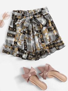 Chain Print Self Tie Waist Shorts