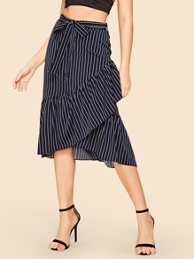 Ruffle Hem Striped Belted Skirt