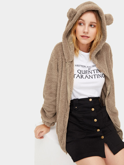 Pom Pom Elastic Hem Hooded Teddy Jacket