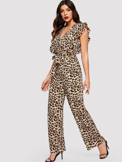 Ruffle Hem Leopard Print Belted Jumpsuit pictures