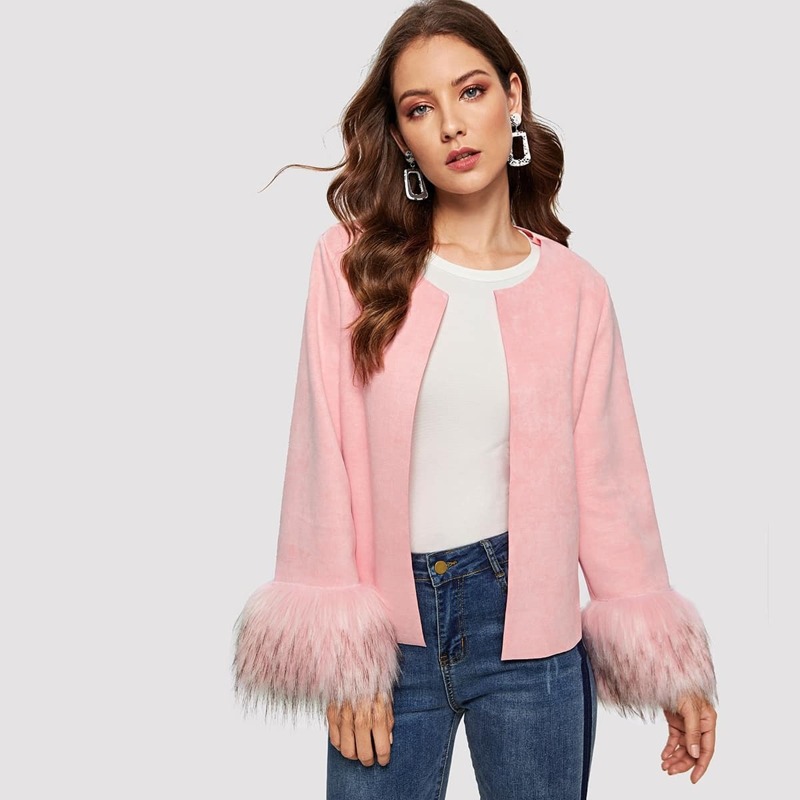 

Faux Fur Cuff Open Front Suede Coat, Pink