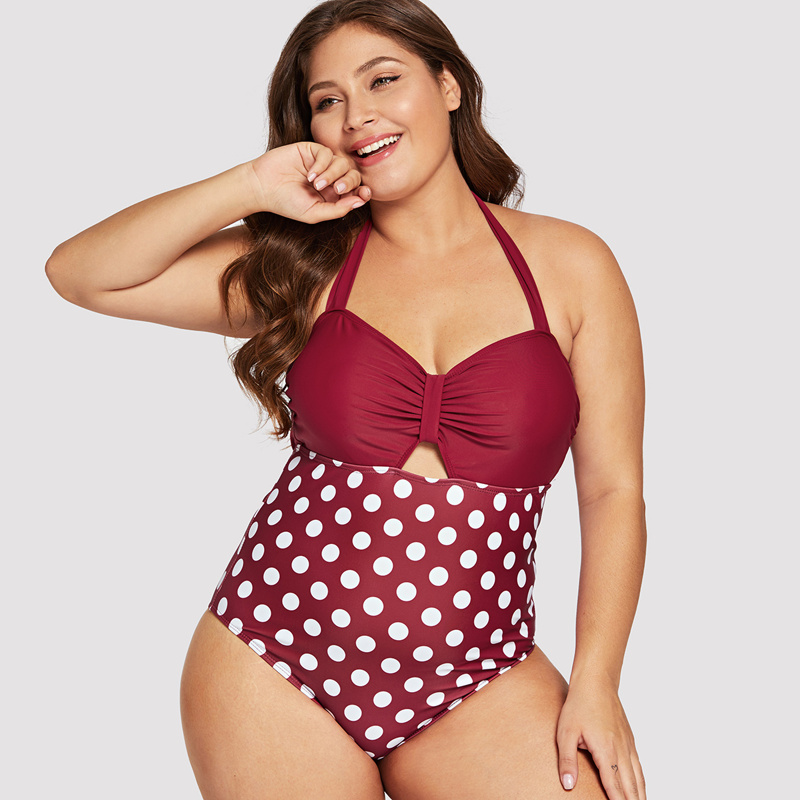 

Plus Polka Dot Cut Out Halter One Piece Swimsuit, Burgundy