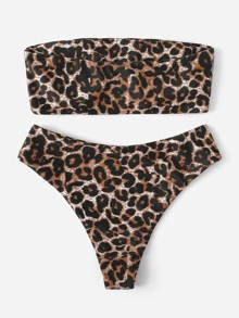 Leopard Bandeau High Waisted Bikini Set Summer Beach - Multicolor - View 2