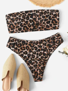 Leopard Bandeau High Waisted Bikini Set Summer Beach - Multicolor - View 1