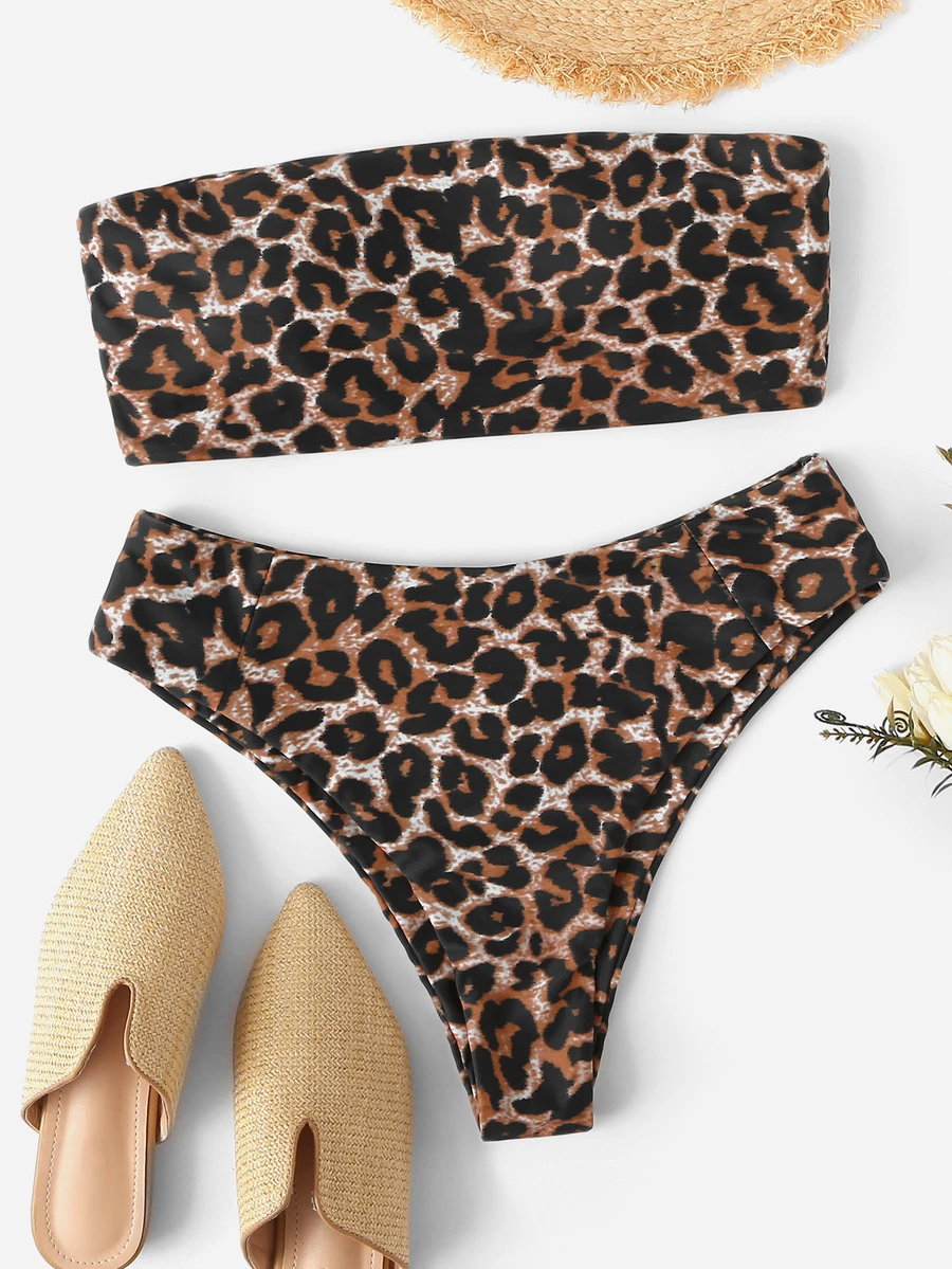 Leopard Bandeau High Waisted Bikini Set Summer Beach - Multicolor - View 1
