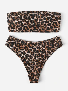 Leopard Bandeau High Waisted Bikini Set Summer Beach - Multicolor - View 3