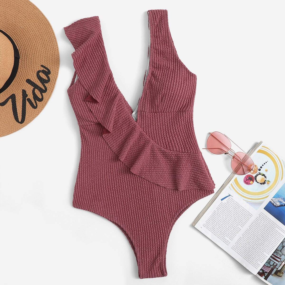 Double Plunge Ruffle Textured One Piece Swimsuit