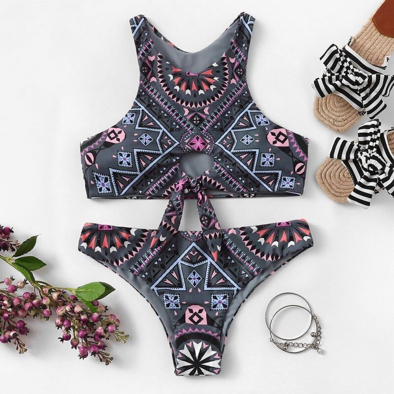 

Geometric Knot Front High Neck Bikini Set, Multicolor