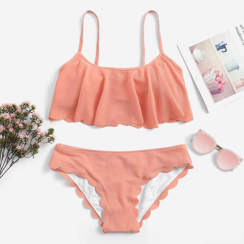 

Flounce Top With Scalloped Trim Bikini Set, Pink