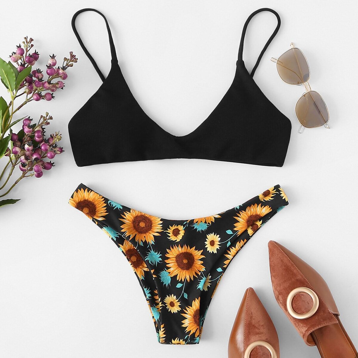 Thin Strap Plunge Top With Floral Print Bikini Set