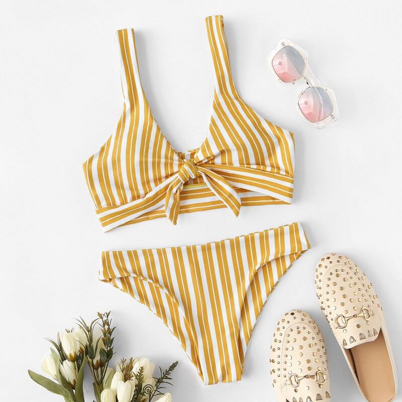

Random Striped Knot Front Bikini Set, Yellow