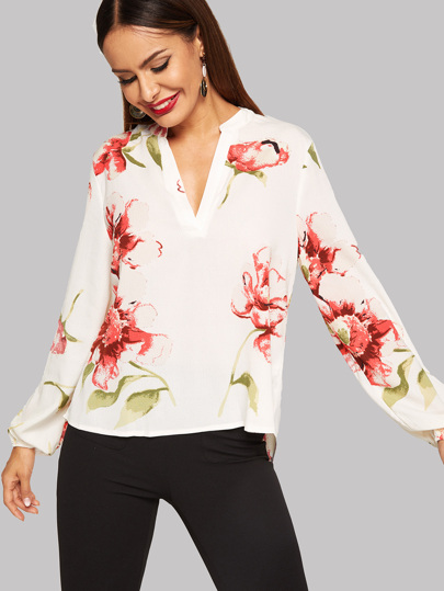 V-Cut Floral Print Striped Top pictures