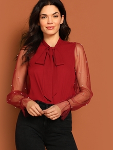 Tie Neck Pearl Beaded Mesh Sleeve Top