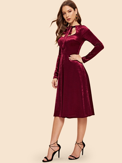 Tie Neck Fit and Flare Velvet Dress pictures