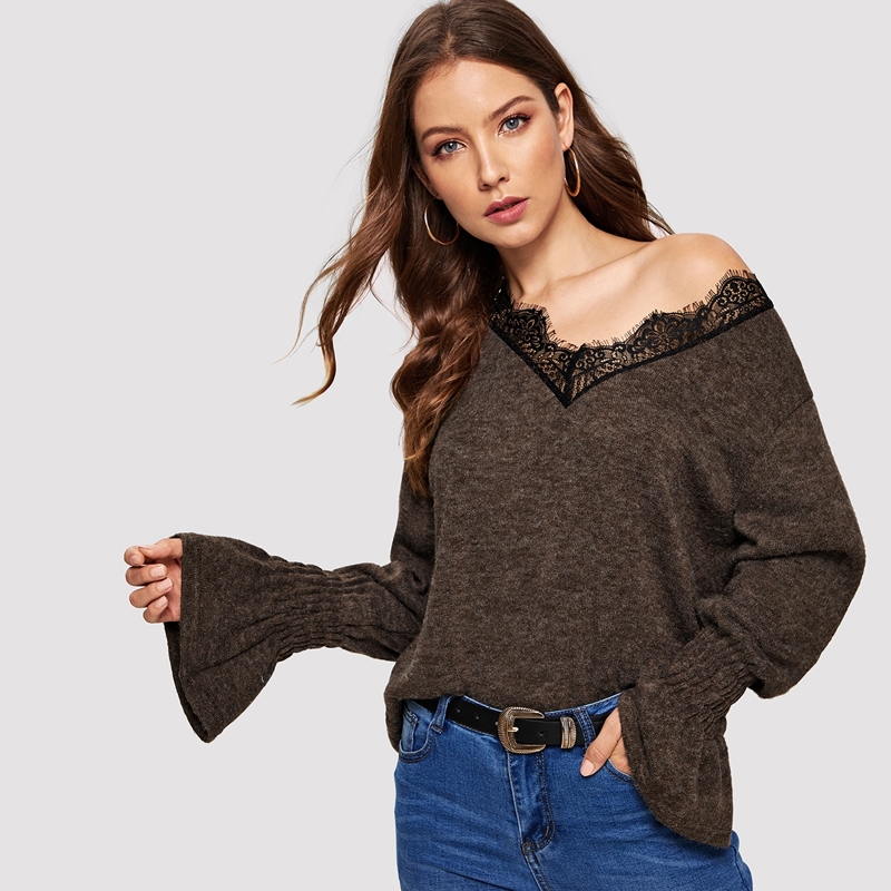 

Contrast Lace V-neck Sweater, Brown grey