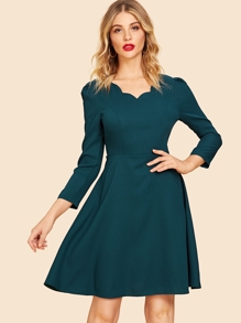 80s Puff Sleeve Scalloped Neck Flare Dress