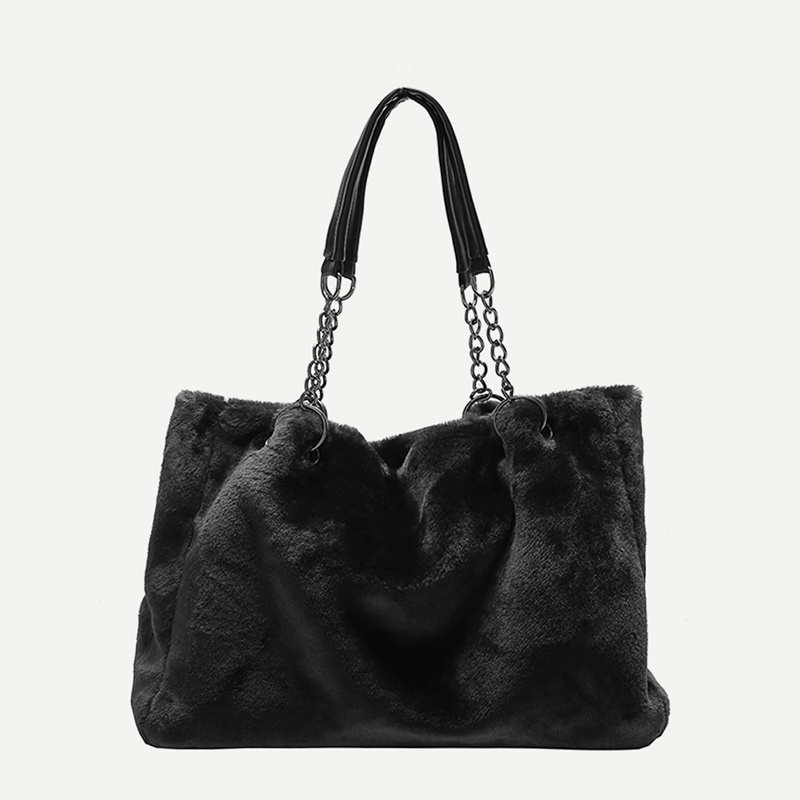 

Fuzzy Chain Tote Bag, Black