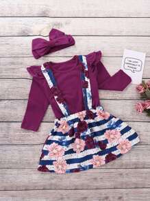 Toddler Girls Frill Trim Tee & Pinafore Skirt & Headband
