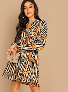Greek Fret & Chain Print Pleated Shirt Dress