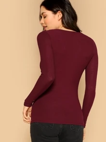 SHEIN Rib Knit Henley Shirt - Burgundy - View 2