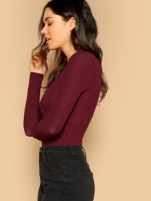 SHEIN Rib Knit Henley Shirt - Burgundy - View 3