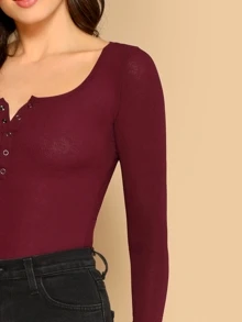 SHEIN Rib Knit Henley Shirt - Burgundy - View 4