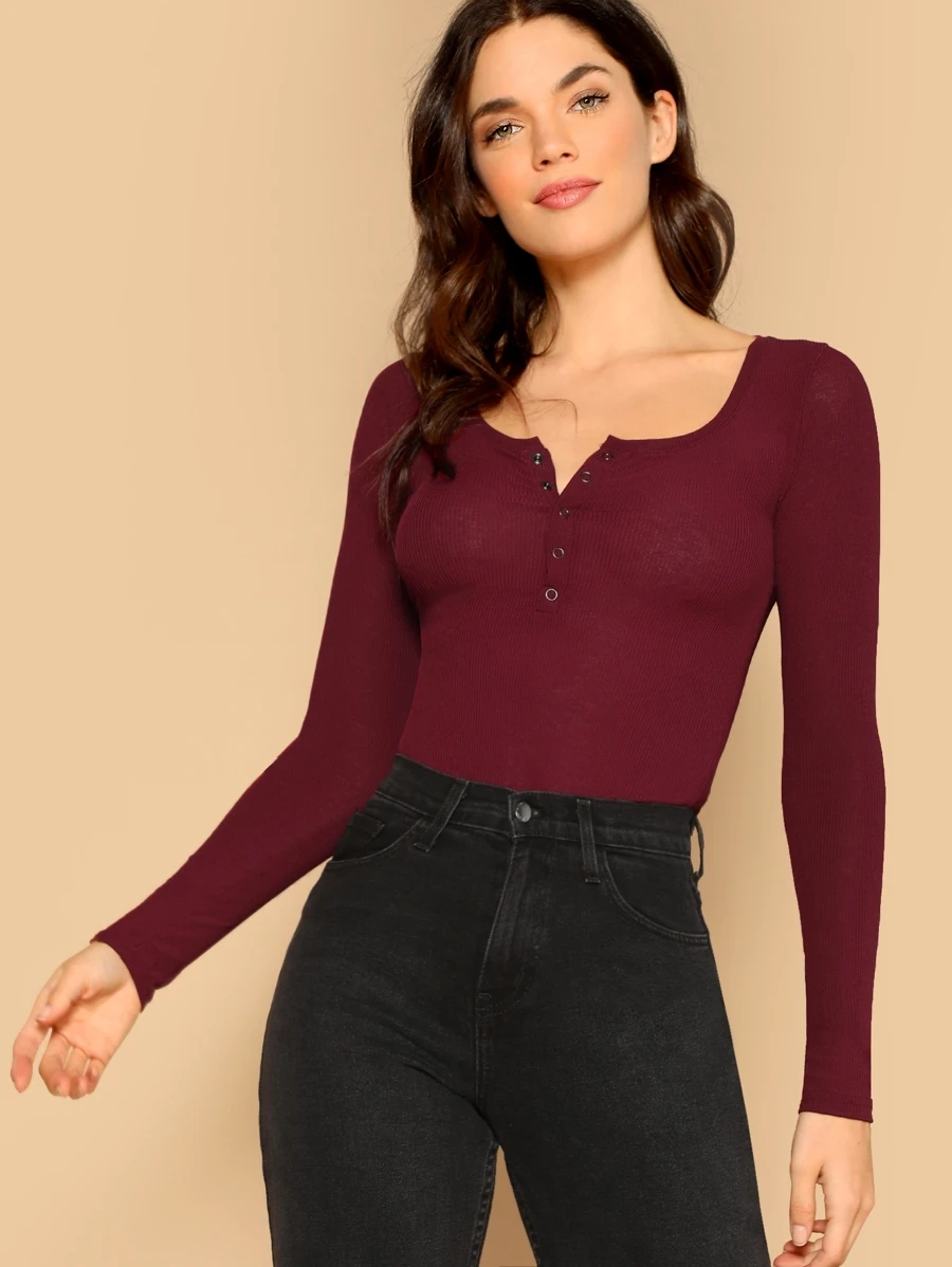 SHEIN Rib Knit Henley Shirt - Burgundy - View 1