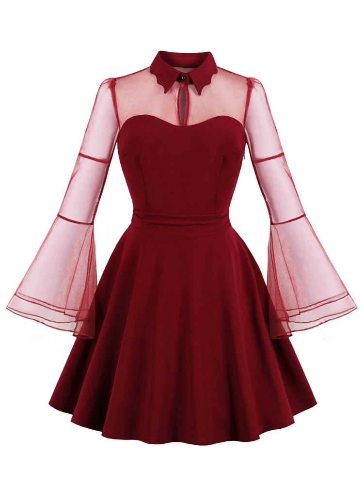 knee length dresses for ladies Pink V Neck Flounce Sleeve Embellished Mesh Gown main image 1