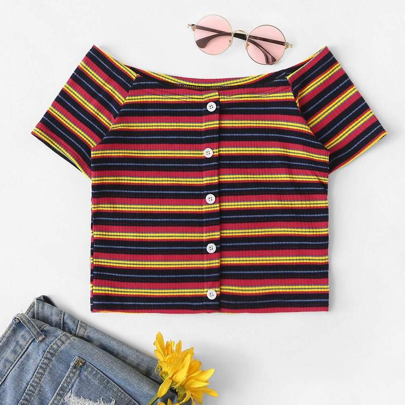 

Striped Single Breasted Crop Tee, Multicolor